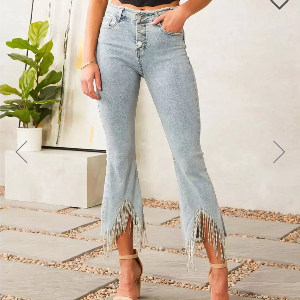 Rhinestone High Rise Cropped Flare Jean.  NWOT. Size M